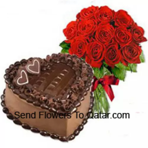 Bunch Of 12 Red Roses With Seasonal Fillers Along With 1 Kg Heart Shaped Chocolate Cake