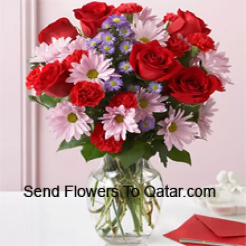 Red Roses, Red Carnations And Pink Gerberas With Seasonal Fillers In A Glass Vase -- 24 Stems And Fillers