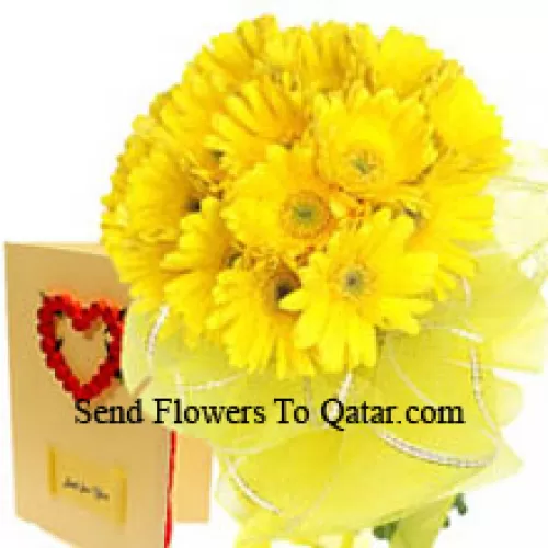 Bunch Of 18 Yellow Gerberas With A Free Love Greeting Card
