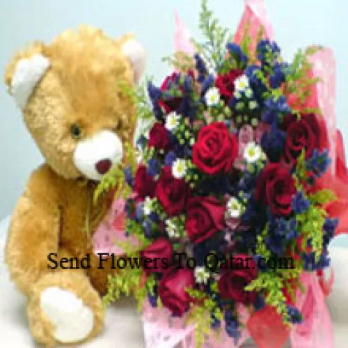 Bunch Of 12 Red Roses With Fillers And A Medium Sized Cute Teddy Bear
