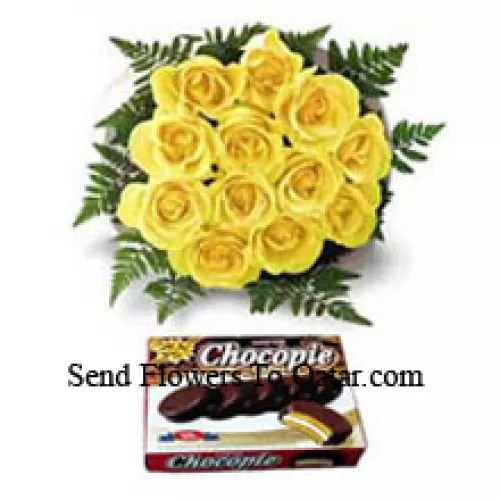 Bouquet de 12 roses jaunes et une boîte de chocolat