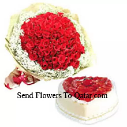 Bunch Of 100 Red Roses With Seasonal Fillers And 1 Kg Heart Shaped Pineapple Cake