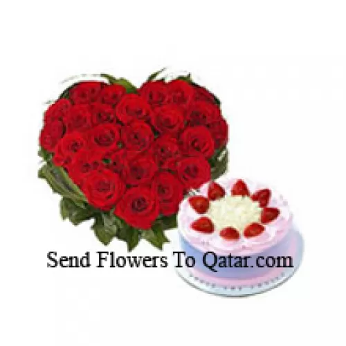Heart Shaped Arrangement Of 40 Red Roses Along With A 1/2 Kg Strawberry Cake