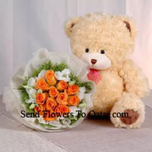 Bunch Of 12 Orange Roses And A Medium Sized Cute Teddy Bear
