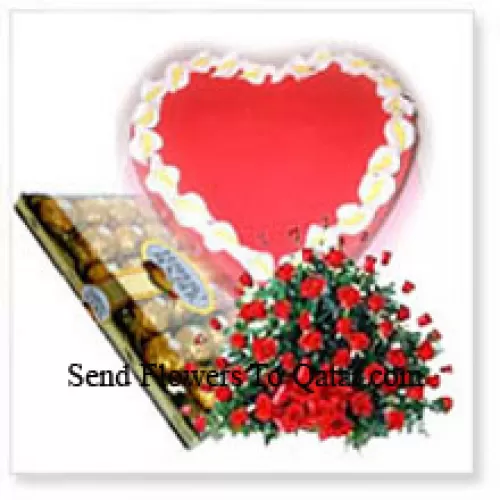 Basket Of 100 Red Roses With 24 Pcs Ferrero Rocher and a 1 Kg (2.2 Lbs) Strawberry Cake