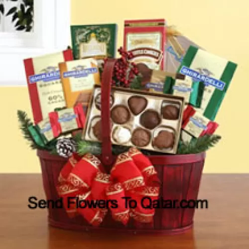 Our handsome red splitwood handle basket is all decked out in Thanks Giving splendor, and packed with a sweet sampling of Ghirardelli's greatest chocolate creations. There's plenty inside to discover and enjoy, and the sweet excess will keep the recipient smiling for days. We've included: two gift bags of Ghirardelli squares (mint chocolate & dark chocolate), truffle cookies, a caramel chocolate bar, hot cocoa mix, and an assortment of Ghirardelli chocolate squares. We top it off with a bow, and add silk greenery and accents to make sure this Thanks Giving present is a memorable one (Please Note That We Reserve The Right To Substitute Any Product With A Suitable Product Of Equal Value In Case Of Non-Availability Of A Certain Product)