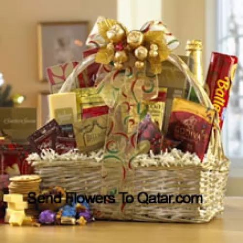 This gift basket shines for the Thanks Giving  with a great selection of gourmet food for all. A shimmering basket holds Dutch Gouda Cheese Biscuits, Crantastic Snack Mix, Chocolate Cocoa, Scottish Shortbread Fingers, Roasted Peanuts, assorted Godiva Dark Chocolates, Smoky Cheddar, Fancy Water Crackers, Swedish Ballerina Cookies, Mints, Bellagio Caramella Coffee, Tea, and non-alcoholic Sparkling Apple Cider. It makes a nicely balanced selection of sweet and savory foods that are sure to please. (Please Note That We Reserve The Right To Substitute Any Product With A Suitable Product Of Equal Value In Case Of Non-Availability Of A Certain Product)