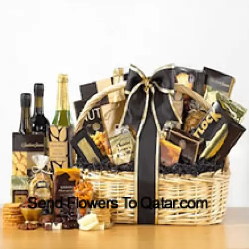 Designed to create a grand impression, our delightful willow basket sports an elegant black and gold color scheme. The basket is filled with a superior selection of gourmet goodies - Honey Mustard Pretzels, Cheese Lover's Pub Mix, Fancy Water Crackers, Smoked Salmon, All Natural Sharp Cheddar, Dutch Gouda Cheese Biscuits, Deluxe Mixed Nuts, Pistachio Pralines, Swedish Oat Crisps, Belgian Chocolate Petites, Godiva Dark Chocolate Almonds, Raspberry Chocolate Espresso Cake, House Blend Coffee, Sisters Classic Breakfast Tea and a bottle of non-alcoholic Sparkling Apple Cider. (Please Note That We Reserve The Right To Substitute Any Product With A Suitable Product Of Equal Value In Case Of Non-Availability Of A Certain Product)