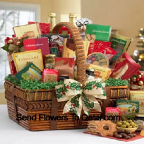 Send your love with this impressive gift basket that's all decked out for the Father's Day. With the artful details of the handsomely crafted basket and the world of fancy flavors nestled inside, it festively captures the spirit of the season. The small includes a bountiful assortment with Tomato Basil Pretzels, Gingerbread Cake, Zesty Cheddar Thins, Spanish Olives, Pecan Pralines, Gouda Cheese Biscuits, Cinnamon Star Cookies, Belgian Chocolate Petites, California Smoked Almonds, Rothschild Triple Berry Preserves, Chocolate Chip Cookies, Ashby Assam Tea, Savory Snack Mix, Fruit Bonbons, Blend Coffee, and Godiva Milk Chocolate Strawberries. (Please Note That We Reserve The Right To Substitute Any Product With A Suitable Product Of Equal Value In Case Of Non-Availability Of A Certain Product)